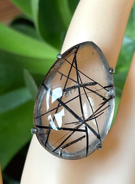 天然水晶戒指发晶戒指黑发晶戒指黑钛晶戒指手工银包生日礼物个性