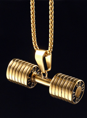 新款健身达人潮男勇士举重不锈钢吊坠配饰品杠铃哑铃钛钢项链首饰