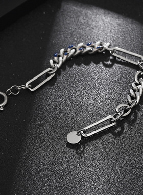 潮牌嘻哈蓝色古巴链拼接手链 男女嘻哈百搭个性钛钢链子手饰品