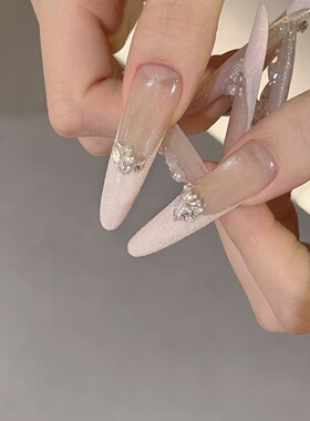 ElsaNail轻奢手工定制皮粉法式少女水晶堆钻爆闪高级长款穿戴美甲