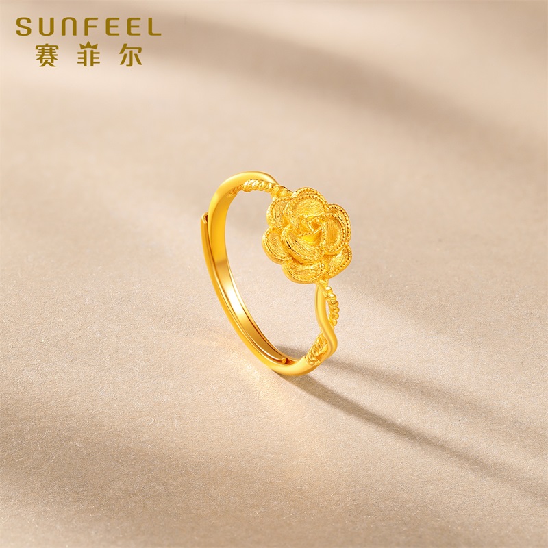 赛菲尔黄金戒指女足金玫瑰花古法金戒指活口可调节生日礼物