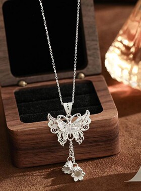 梦幻蝴蝶流苏钛钢项链女花丝流苏莲花吊坠不掉色中国风毛衣链饰品