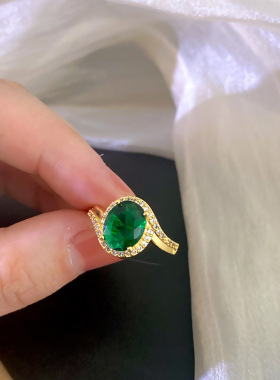 祖母绿锆石几何不规则戒指女大气铜真金电镀满钻开口指环网红饰品