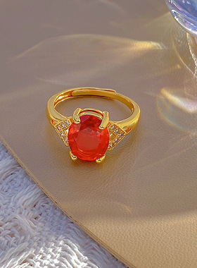 国潮复古铜镀金色镶嵌锆石戒指女红色宝石时尚开口指环设计感手饰