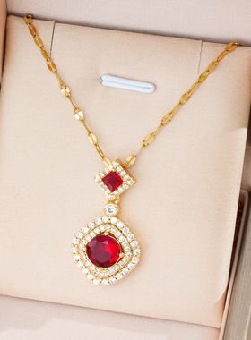 欧美时尚跨境流行小方糖形状大吊坠微镶锆石绿色水晶镀黄金色项链