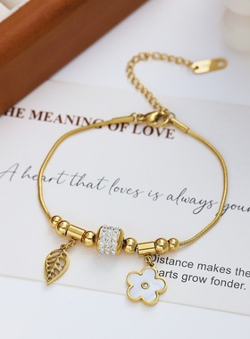 佳岚跨境热销不锈钢手链五叶草镶钻吊坠手链18K金色电镀钛钢手链