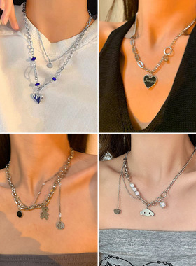 欧美风时尚双层爱心项链女拼接冷淡风女嘻哈长款卫衣毛衣链ins潮