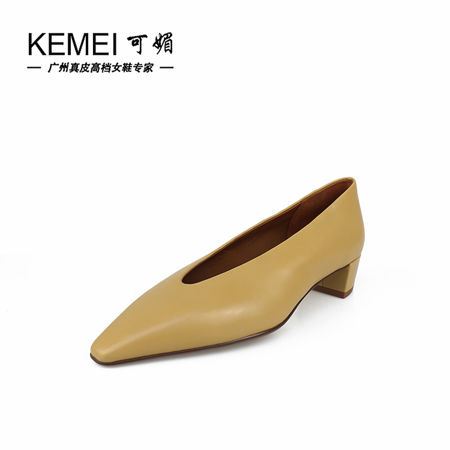 特价II可媚正品春款胎牛皮尖头粗中跟简约风甜美单鞋女KA24688-94 - 图3