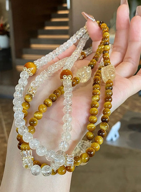 新中式虎眼白水晶花牌双圈手串虎眼白水晶貔貅双圈手串多巴胺