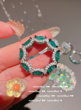 璀璨湖蓝宝石花朵戒指 设计师镀18K金孔雀绿锆石项链 胸针中古