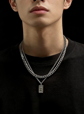 欧美复古钛钢吊坠古巴链男士潮小众设计感双层嘻哈项链卫衣链配饰