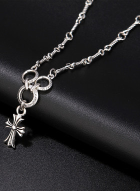 麻花辫子个性时尚十字架三环锁骨细链复古做旧潮流项链女款项链暖