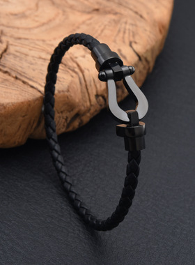 爆款马蹄扣皮绳手链不锈钢U型扣情侣手链编织手环男士首饰品轻奢