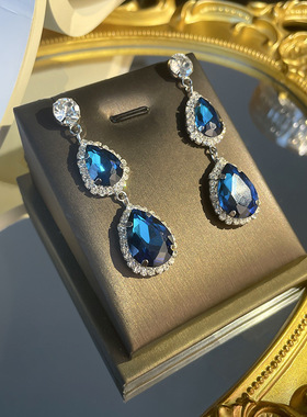 孔雀开屏蓝色镶钻项链水滴玻璃高级感锁骨链新中式气质女旗袍复古