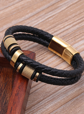 现货批发欧美不锈钢皮手链男士多层皮革手链 不锈钢首饰编织手镯