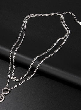 欧美双层铭牌锁骨链项链克罗星十字架珍珠个性枫叶嘻哈高桥男女潮