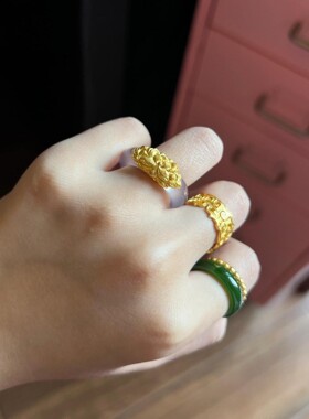 古法黄金色珐琅素圈玉戒指冰透仿和田玉复古国风男女小众设计指环