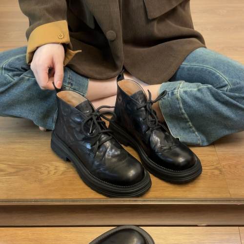 SAORSA旭旭.头层羊皮甜酷短筒马丁靴秋冬圆头厚底系带单鞋 - 图1