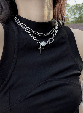 Wind 双层叠戴十字加珍珠项链女ins风个性冷淡风小众设计感锁骨链
