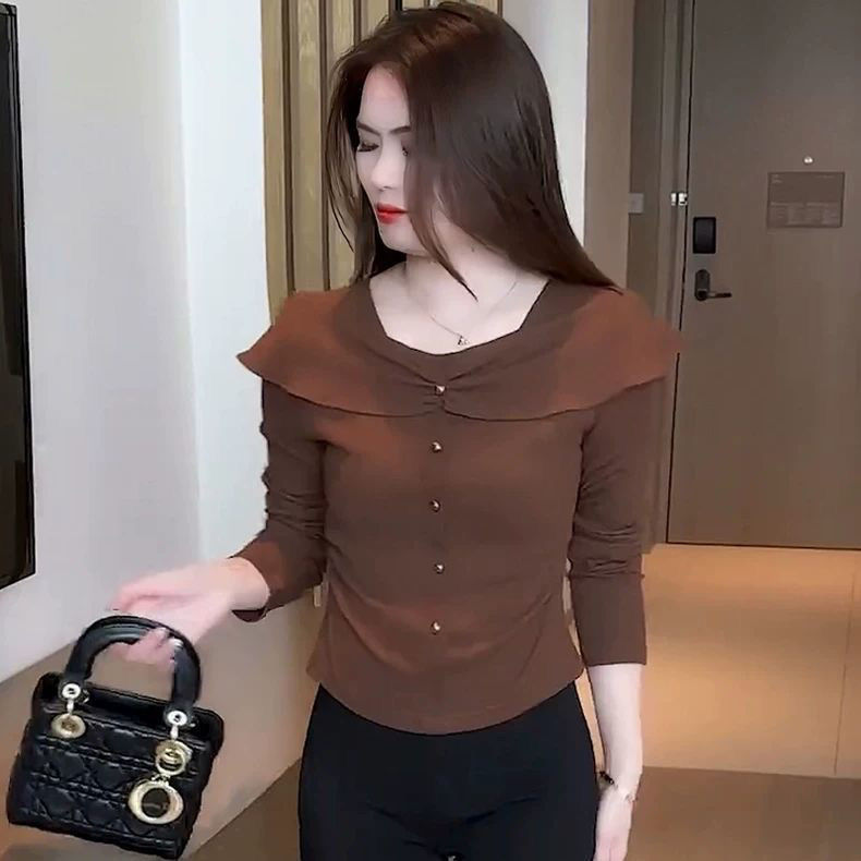 设计感时尚长袖T恤女洋气一字肩小衫早秋别致短上衣修身减龄体恤 - 图0