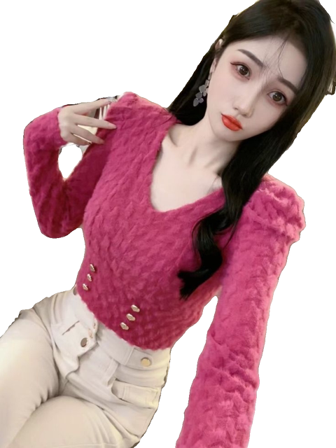 ເສື້ອຍືດຄໍ V-neck lace ແບບບໍລິສຸດສໍາລັບແມ່ຍິງ 2025 ດູໃບໄມ້ລົ່ນໃຫມ່ slim fit puff sleeve ສັ້ນ versatile ເທິງແຂນຍາວ