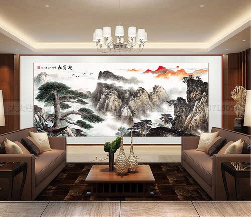 新中式DIY方钻满钻钻石画全贴钻点钻十字绣水墨黄山迎客松山水画 - 图2