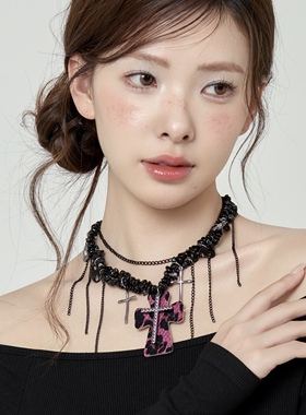 多层锁骨链十字架哥特风黑色豹纹