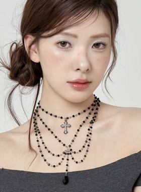 Starfire原创设计复古多层串珠十字架项链朋克风辣妹摇滚锁骨链女