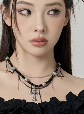 暗黑风金属十字架流苏项链女