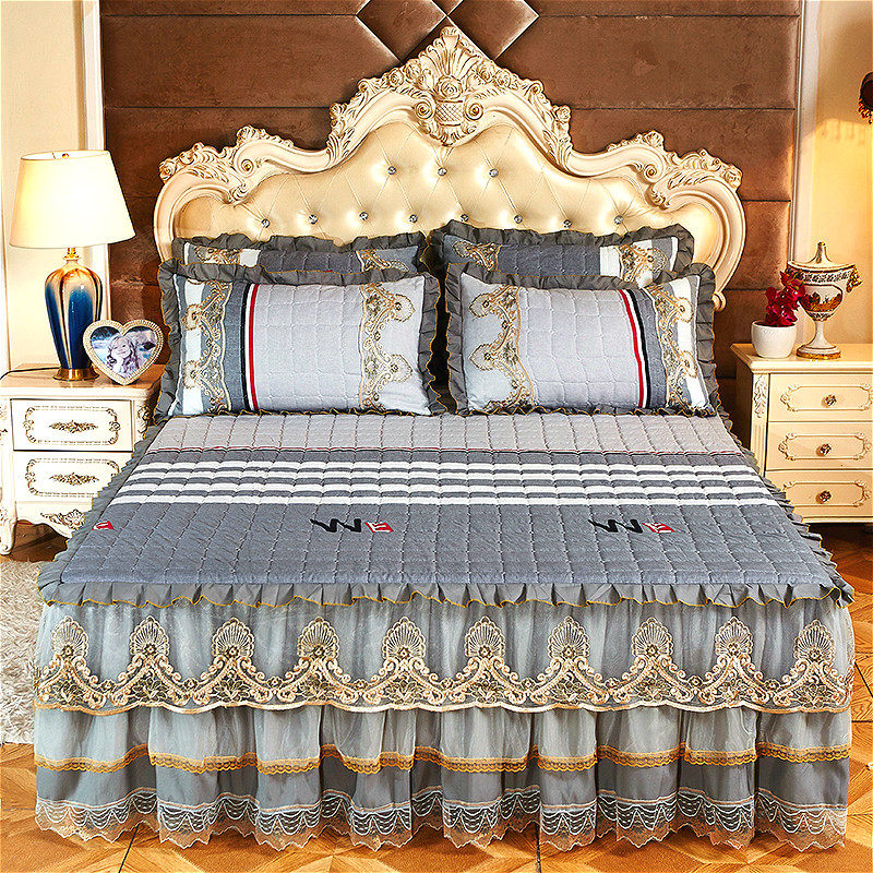 欧式磨毛纯色夹棉床裙加厚床罩单件蕾丝花边纱裙式1.8m保护套防滑,淘宝优惠券,粉丝福利购,淘宝优惠卷