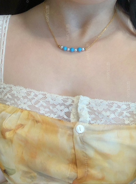 久不掉色钛钢镀18K金微笑小米珠人工施家金珠珍珠绿松石锁骨项链