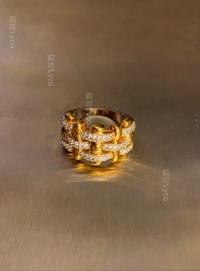 出口欧洲通体925纯银厚镀金精工高级感满钻编织ins风设计感戒指