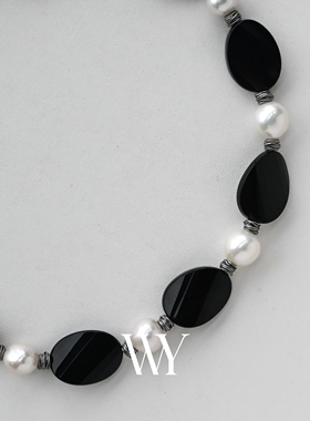 WY原创设计天然黑玛瑙淡水珍珠项链情侣款锁骨链高级感小众颈链