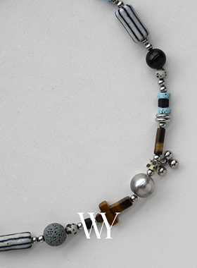 WY新款原创设计虎眼石黑玛瑙大溪地珍珠项链小众设计锁骨链甜酷风