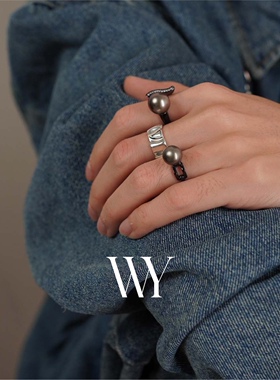 WY海水大溪地珍珠戒指男女同款S925纯银可调节小众个性时尚