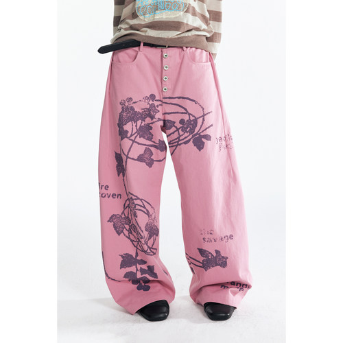 【张桂源同款】药九玖柒“丁香草”满印阔腿弯刀裤/1997邮政局 - 图0