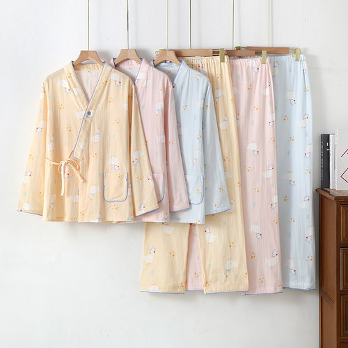 卡通和服孕妇睡衣女春秋夏季纯棉纱布薄款月子服长袖家居服套装 - 图0