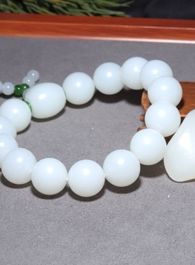 新疆的猫L120601 83.4克，15mm三高老坑黑皮俄料羊脂白玉圆珠手链