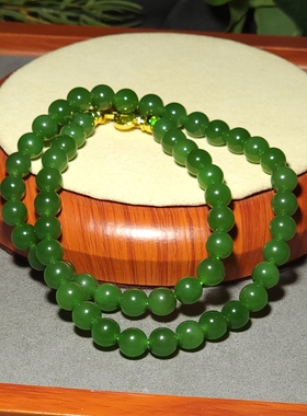 新疆的猫L122204 46.8克直径8mm色泽鲜美均匀的阳绿碧玉圆珠项链