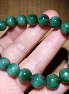 zg031607新疆的猫31.6克带丝绢状猫眼肉质俄料碧玉圆珠手串加长款