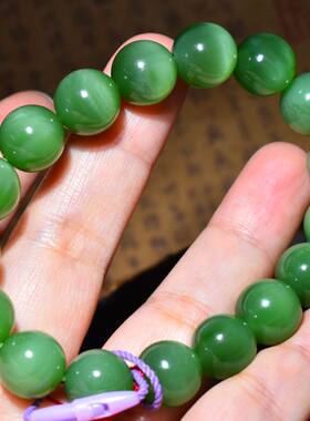 JJ030702新疆的猫46.3克12mm肉质纯净老坑俄料碧玉猫眼圆珠手链