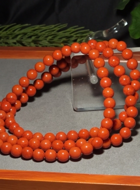 新疆的猫L122006 114.5克9.5mm精品柿子红色满肉南红圆珠108长链