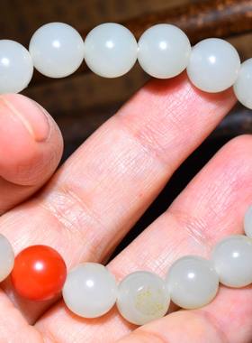 SBH373新疆的猫27.7克18粒10m细顶熟白玉籽料圆珠手链和田玉