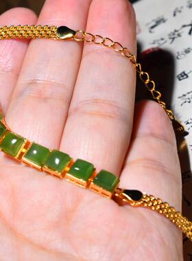 JJ031904新疆的猫6.3克款式精美阳绿925银镶方面和田玉碧玉手链