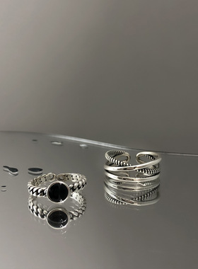 s925纯银黑色复古潮食指交叉戒指女开口时尚泰银小众个性指环手饰