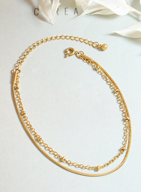 欧美ins饰品细致双层蛇骨链精致手链包珠链钛钢镀18K金手饰 E085