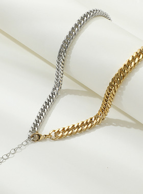 2512欧美跨境新款嘻哈朋克风钛钢项链 个性拼色潮流古巴不锈钢