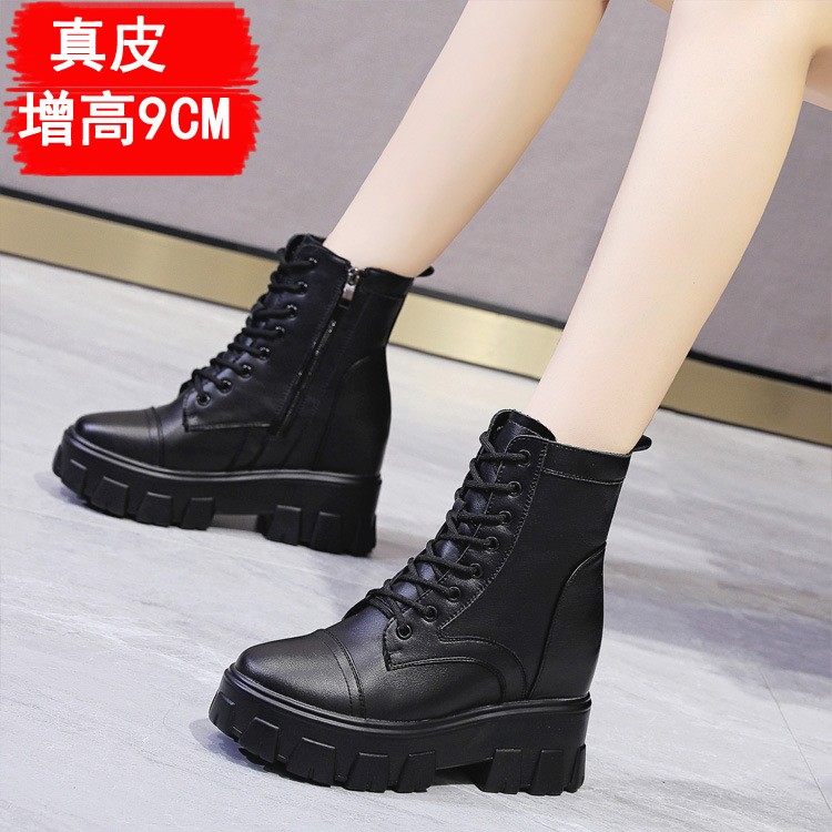 夏天靴子透气薄款内增高女鞋10cm真皮马丁靴女棉靴网面高跟短靴秋 - 图1