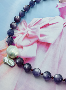 【紫气东来】原创设计师水晶项链高级紫锂云母紫牙乌珍珠大巴