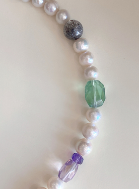 天然魔鬼海蓝宝巴洛克珍珠多宝项链粉水晶白水晶黄水晶紫水晶胶花
